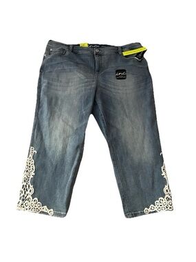 New NWT INC Denim Slim Straight Crop Embroidered Lace Womens Jeans  24 W Blue